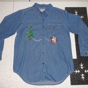 Vintage Mens Nutcracker Brand Christmas Denim Button Up Shirt NWT Size Medium